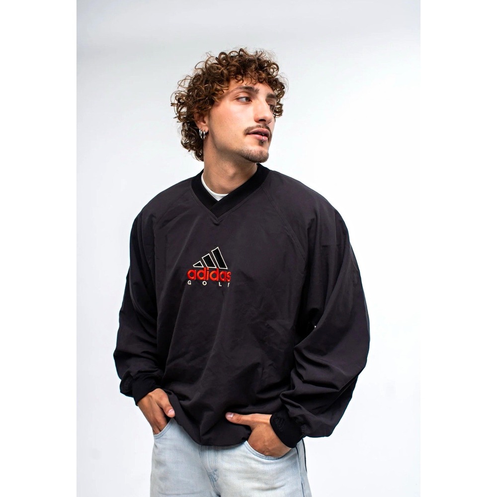 Vintage 90s Adidas Golf Windbreaker Pullover Men's M Black V-Neck Embroidered